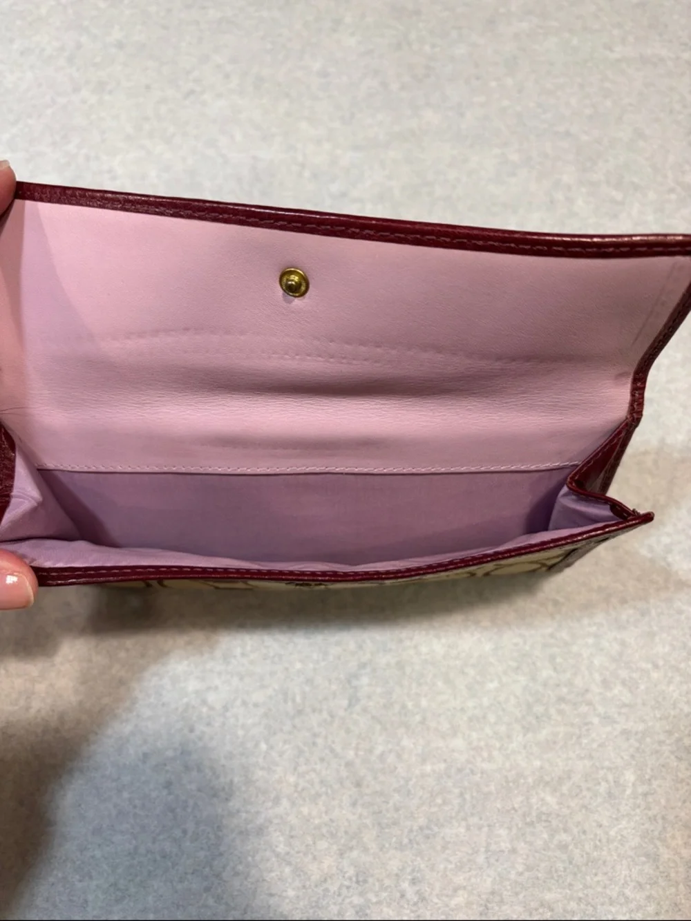 Coach Brown Signature Canvas Wallet with Burgundy Trim and Gold Turnlock - Picture 3 of 5